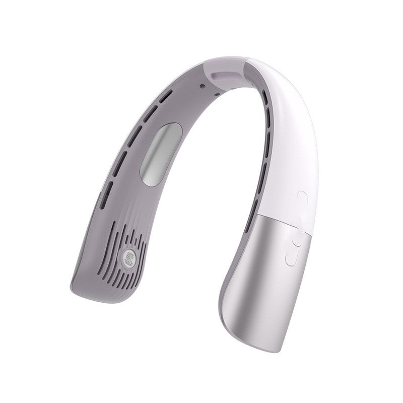 Ventilateur de cou sans pales ZEPHILA, blanc et argent, vue trois quarts sur fond blanc
