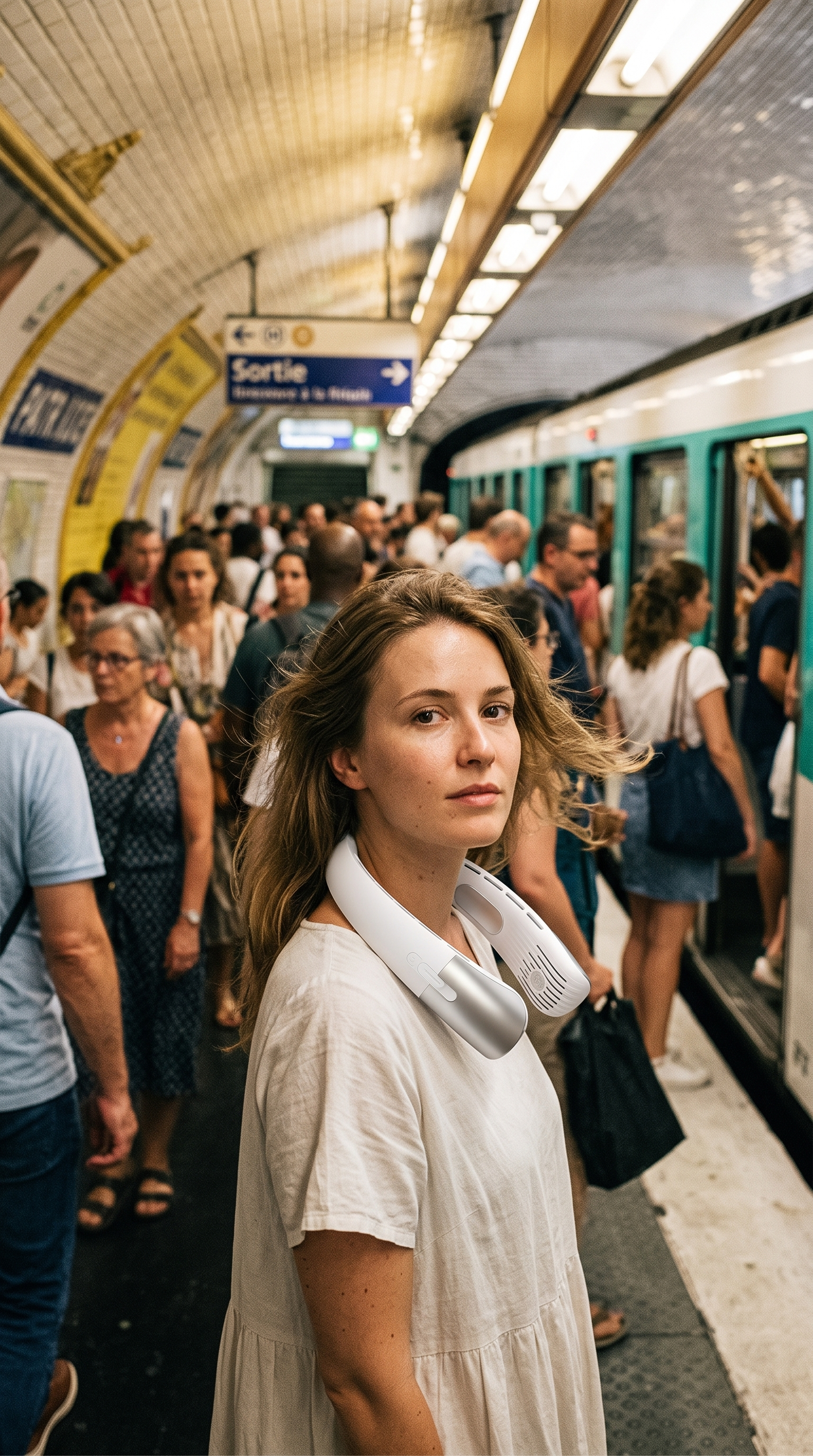 Femme portant le ventilateur de cou ZEPHILA sur un quai de métro en été