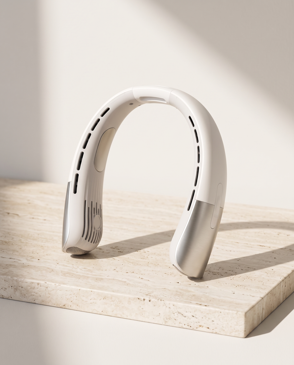 Ventilateur de cou ZEPHILA blanc et argent posé sur une pierre claire