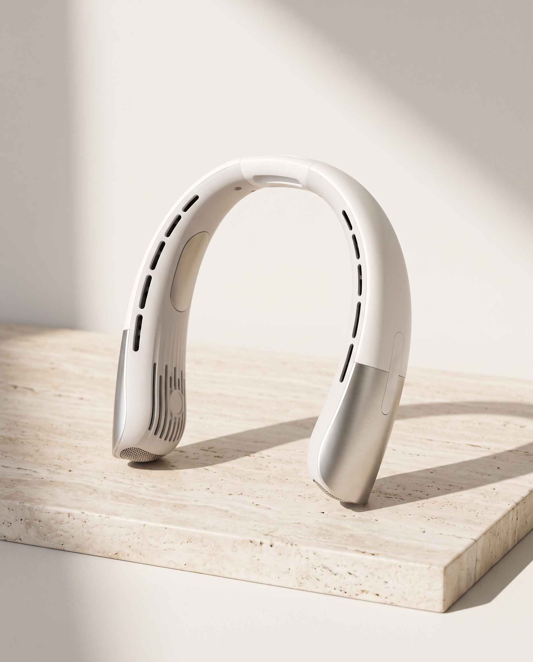Ventilateur de cou ZEPHILA blanc et argent posé sur une pierre claire
